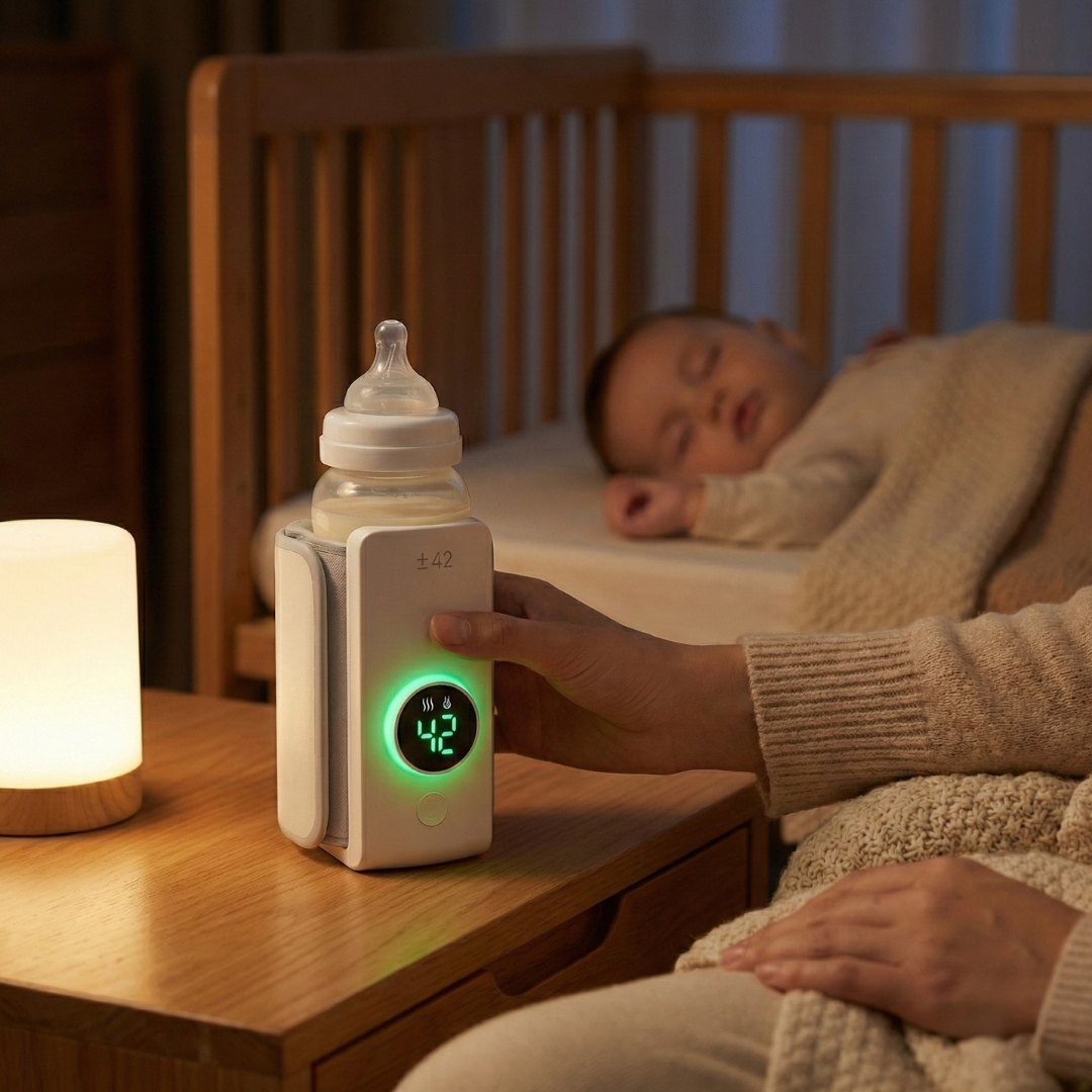 Baby bottle with digital display held by a person in a bedroom setting.